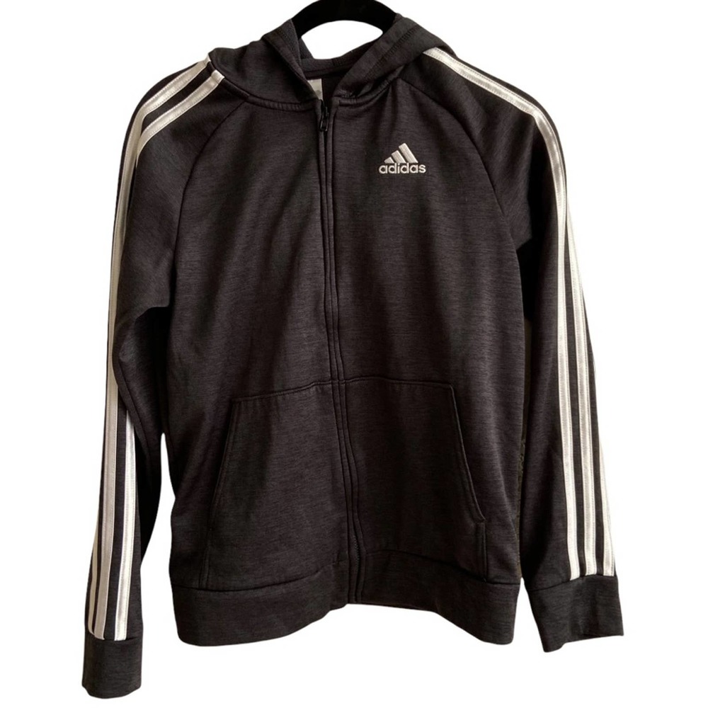 Adidas Dark Grey Zip Up Hooded Sweatshirt 3 Stripe Size Medium